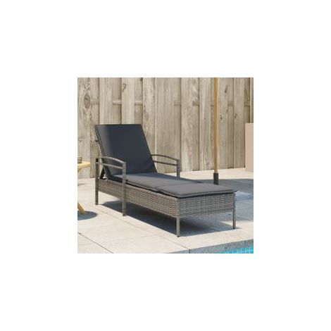 Chaise longue avec coussin gris 63x200x81 résine tressée (1/5)