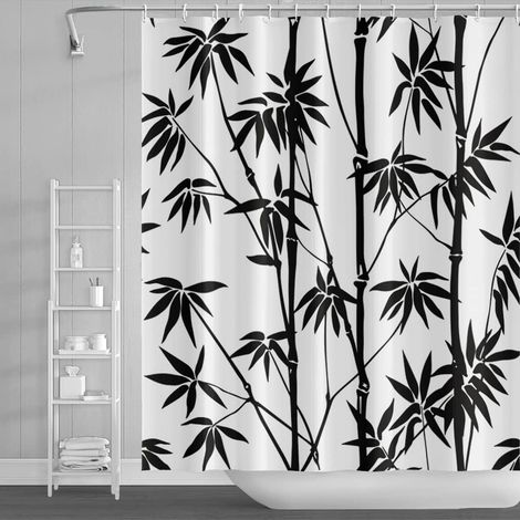140x183cm Ancien Bambou Rideau de Douche Noire Blanc Abstrait Bambou Feuille Rideau de Bain Peinture à l'encre Rideau de Baignoire pour Enfants Salle Bains Polyester avec Crochets (1/5)