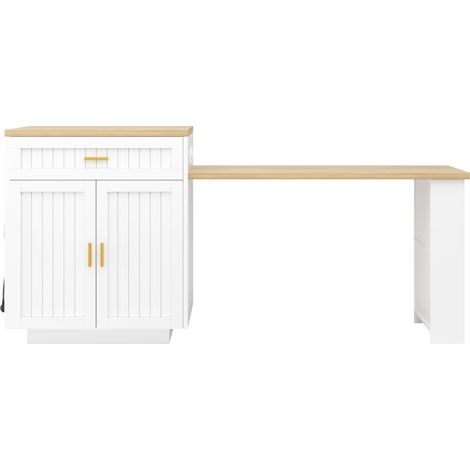 Isla de cocina extensible con enchufe integrado, 121,5-192 cm, 1 cajón y puertas acanaladas (1/5)