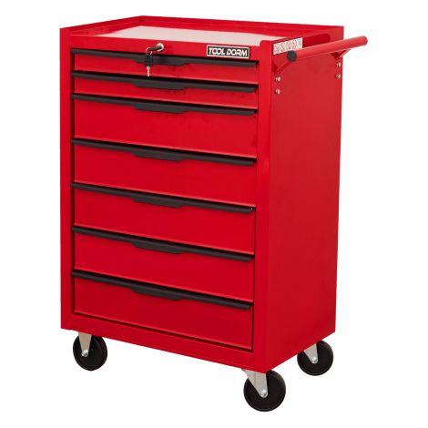 Tool Cabinet Tool Cart 615mm Length with 7 Drawers and Wheels, Metal Rolling Tool Box Locked Drawers Storage Organizer Cabinet for Garage, Warehouse, Repair Shop, Workshop, Red Color
