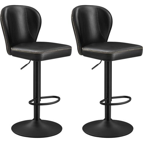 Juego de 2 taburetes de bar giratorios de 360° altura ajustable respaldo de PU con costuras estilo moderno de mediados de siglo para barra de cocina fácil montaje color negro 120005381