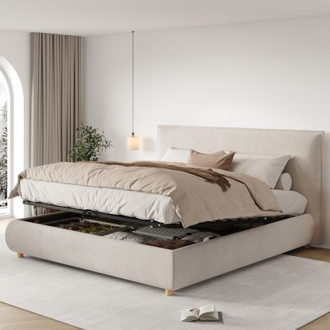 Lit coffre 180x200 cm avec sommier hydraulique, tête de lit rembourrée et pieds bois massif, velours crème