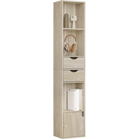 Woltu – Bibliothèque colonne 3 compartiments ouverts – 2 tiroirs – 1 casier – 30x24x158cm – Panneaux mélaminés chêne clair – Charge max 40kg