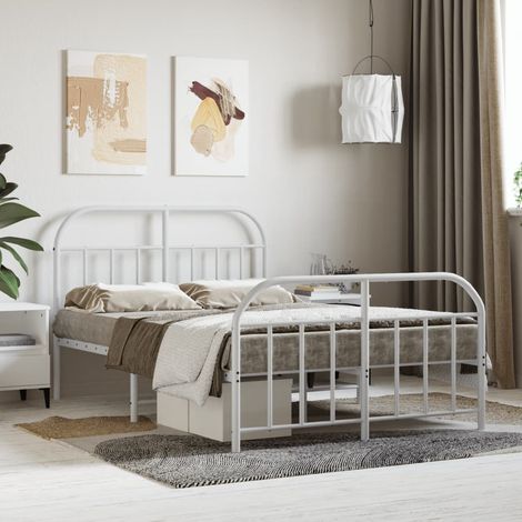 Lit double-120 x 200 cm, Cadre de lit, Lit adulte, Structure de lit métal avec tête de lit/pied de lit blanc  PDKEI11303 (1/5)