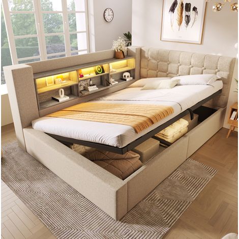 Bett Doppelbett Stauraum 140x200 LED Leinen Beige OKMYHOME (1/5)