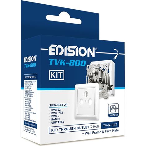 Prise Satellite TV TVK-800 KIT: Prise de Passage TV-R-Sat 3 connecteurs Compris la Caratula et Cadre de Montage, DVB-S2, Unicable, DVB-T/T2, DVB-C, Radio, FM, Dab+, Passe DC, 3 Sorties (1/5)
