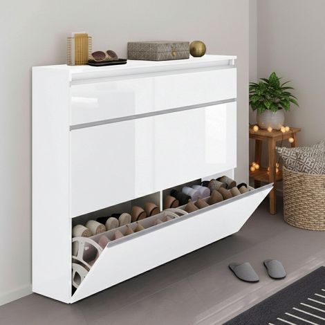 Étagère à chaussures Piero, Armoire polyvalente avec 2 portes et 1 porte abattante, Étagère à chaussures d'entrée, 120x27h108 cm, Blanc brillant (1/5)