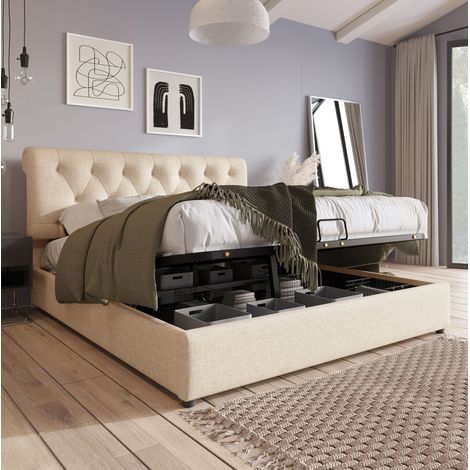 DESVIAE Lit double coffre hydraulique 140 x 200 cm en lin naturel avec tête de lit réglable sommier à lattes en bois et cadre métallique rangement intégré (1/5)