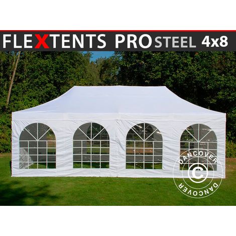 Pop up gazebo FleXtents PRO Steel Vintage Style 4x8 m White, incl. 6 sidewalls