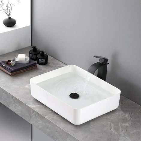 Robinet Noir - Cascade avec Haut Bec - Mitigeur Lavabo Haut Mono-trou - Robinetterie Lave-mains avec Levier Unique en Cuivre - Mélangeur l'Eau Chaude et Froide pour Salle de Bain