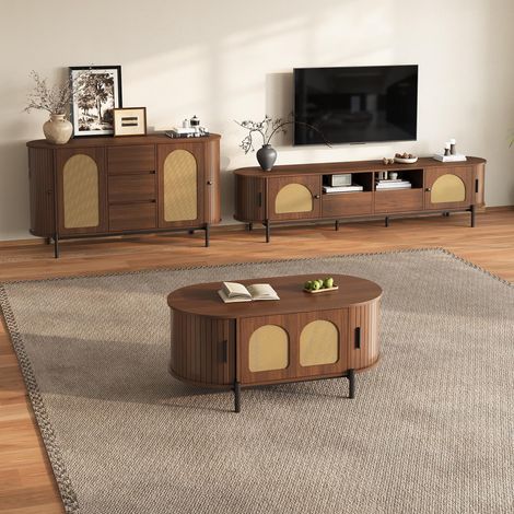 Set mobili 3 pezzi per ingresso e soggiorno – tavolino da salotto, mobile TV basso da 200 cm e grande madia effetto noce con ante scorrevoli in rattan (1/5)