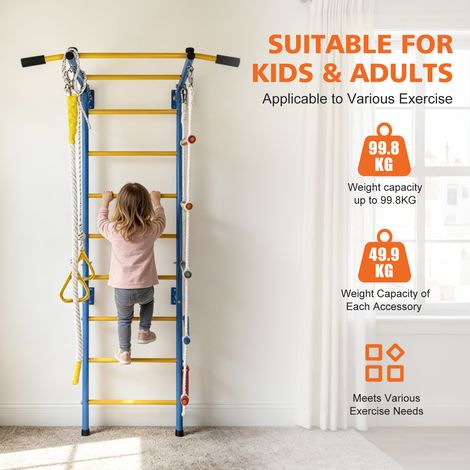 Ensemble d'escalade 5-en-1 pour tout-petits, salle de gym intérieure pour enfants, échelle en acier avec barre de traction, corde et anneaux de gymnastique, fixation murale solide, cadeau garçon fille (1/5)
