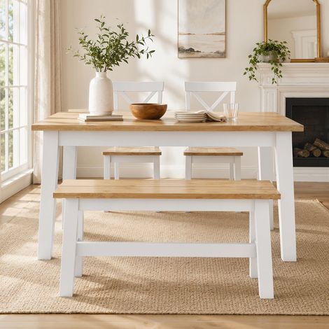 Banc 2 places, banc en bois aspect chêne, barre transversale de stabilisation, pour salon, salle à manger, couloir, bois d'hévéa, blanc (1/5)