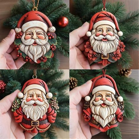 Pendentif en bois vintage coloré représentant le Père Noël, décoration à suspendre pour sapin de Noël, marque-page représentant un vieil homme à barbe blanche (1/5)