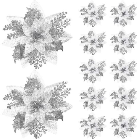 Poinsettias artificiels de 14,5 cm (5,7 pouces) avec paillettes et pinces, décoration de Noël pour sapin. (1/5)