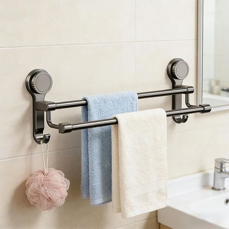 Porte-serviettes mural avec ventouses puissantes, double crochets et installation sans perçage pour salle de bain, douche, petits espaces, noir (1/5)
