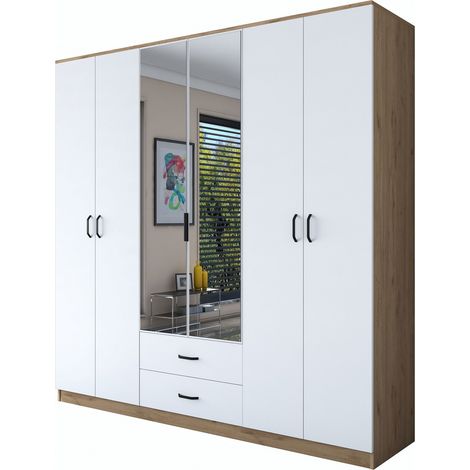 Armario Grande Neirone, Ropero Dormitorio: 2 Cajones, 5 Estantes, Barra Colgador, 210x210h cm Blanco