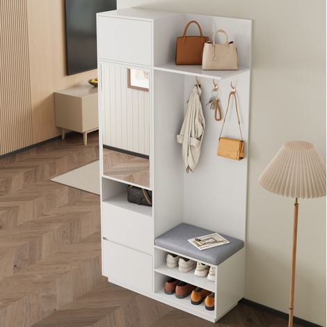 Mueble de recibidor (90x34.5x190 cm), con espejo, banco para calzarse, perchero y zapatero, MDF blanco (1/5)