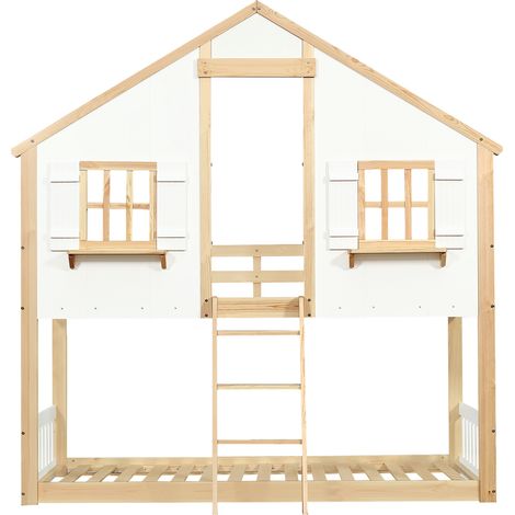 Cama litera infantil 90 x 200 cm con escalera inclinada, ventanas y techo, blanco y natural (1/5)