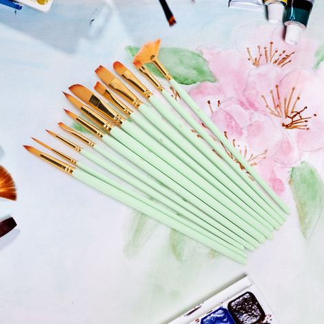 Ensemble de 12 Pinceaux en Nylon pour Aquarelle, Matériel de Peinture Artistique et Loisirs Créatifs - Manches Vert Mat (1/4)