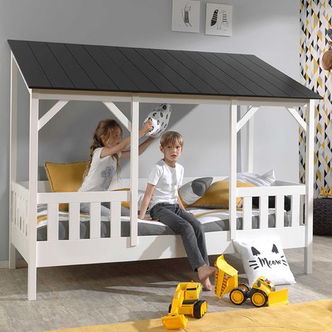 Lit cabane MILA 90x200 – Pin massif blanc & toit noir sans sommier- (1/5)