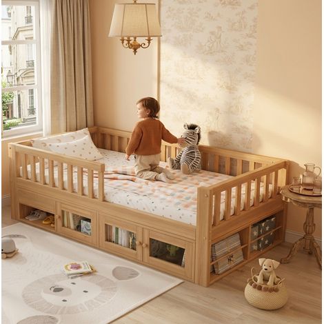 Kinderbett mit Stauraum Natur in Holz 90x200 cm mit Rundum-Schutzgitter, Schublade, 2-türigem Schrank und Lattenrost