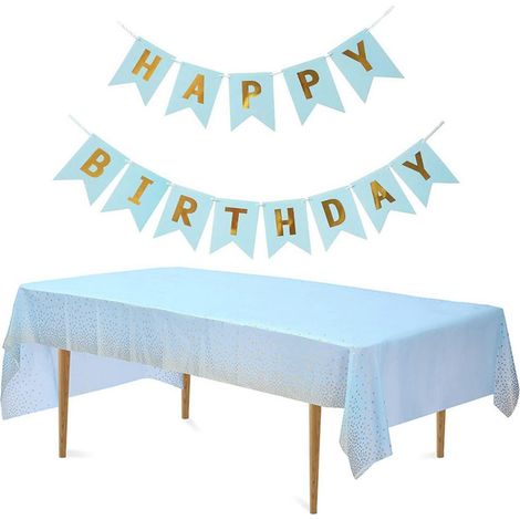 Einweg Tischdecke Geburtstag PEVA 137x274 cm Blau Gold Punkte mit Girlande