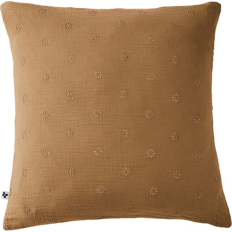 OUREA MOTIF - Taie d'Oreiller 60x60cm Gaze de Coton Camel à Fleurs Ajourées (1/5)