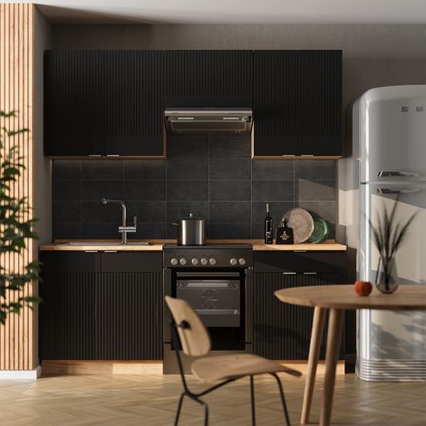 Cuisine Fame-Line, Noir rayé/Chêne doré, 200 cm , PT Anthracite, Vicco