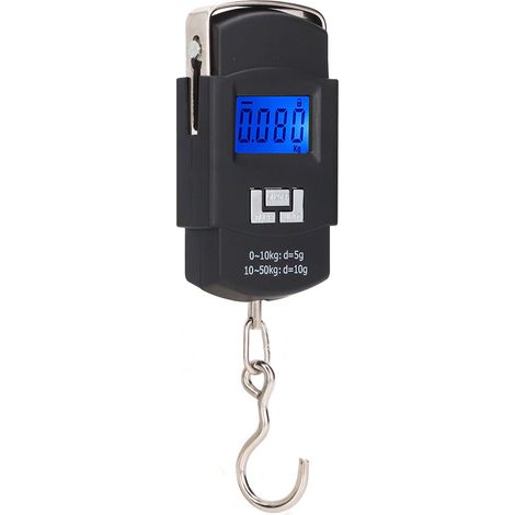 Elektronische Waage bis 50 kg, tragbare digitale Gepäckwaage, Wiegehilfe für Koffer, Angeln und Einkaufen, LCD-Anzeige, stabiler Haken. (1/5)