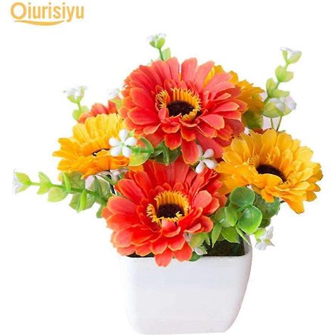 Chrysanthème artificiel, gypsophile, pot en bois, bonsaïorange (1/5)