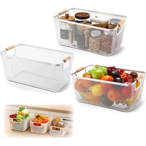Lot de 3 paniers de rangement en métal avec poignées en bois, organisateurs pour cuisine, salle de bain, garde-manger, réfrigérateur et fruits, 3 tailles, blanc (1/5)