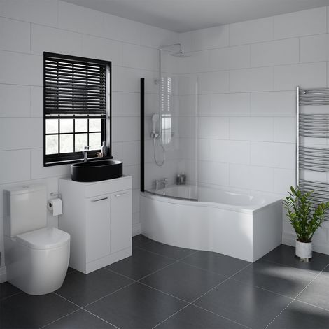 Aster 1500mm Left Hand P Shaped Bathroom Suite including Matt Black Countertop Basin and Gloss White Vanity Unit with Polished Chrome Handles (1/5)