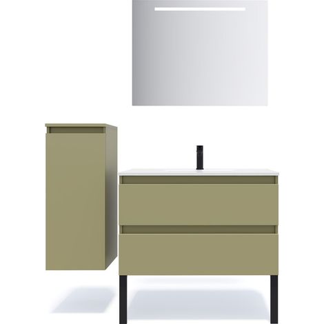 Meuble de salle de bain suspendu vasque intégrée 90cm 2 tiroirs Vert olive + miroir + colonne ouverture gauche - Hudson (1/5)
