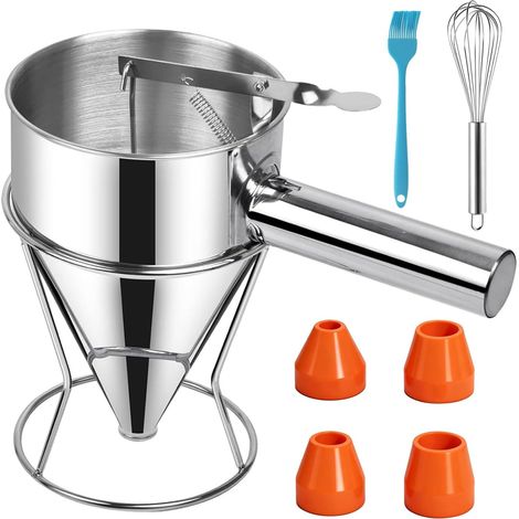 Entonnoir A Piston Distributeur de Pâte à Crêpes en Acier Inoxydable + Batteur D'oeufs + Brosse en Silicone pour Gâteaux Crêpes (1/5)