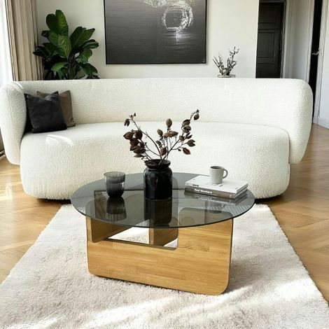 Table basse design en verre fumé – pied bois clair ANZIO (1/5)