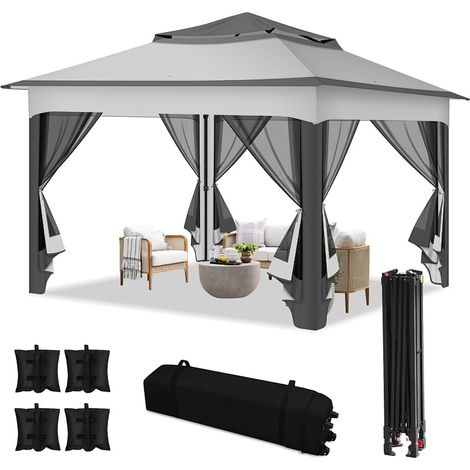 Randaco Gazebo pieghevole da esterno 3,3 × 3,3 m con zanzariera e doppio tetto – Grigio