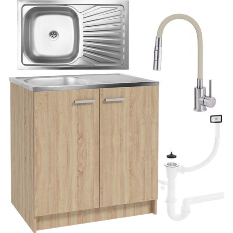 Küchenschrank 80x50 cm - Eiche Sonoma - Inox Spüle + Beige 2-in-1 Armatur - Modern und Funktional (1/5)