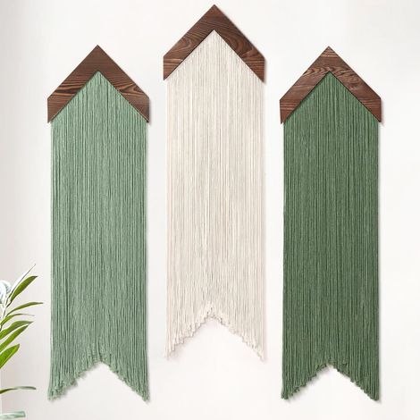 3 Pièces Tenture Murale Tapisseries Décoratives Macramé Mural Tissée à la Main Art Murale Beige Vert en Corde de Coton Naturel Bohème Chic Décoration Pour Chambre à Coucher Salon Appartement (1/5)