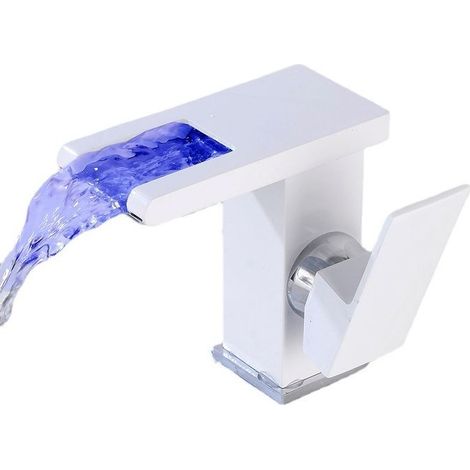 Robinet de lavabo cascade à LED (blanc), design moderne et élégant, mitigeur en laiton doré, eau chaude et froide, 3 couleurs disponibles (1/3)
