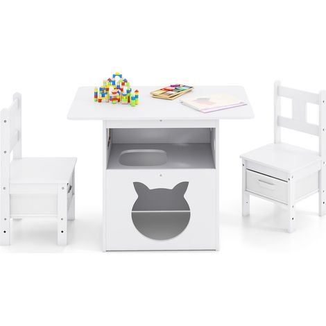 Ensemble blanc table et chaises enfant 3 pièces en bois avec maison pour chat et 2 bacs de rangement pour chambre et salle de jeux (1/5)