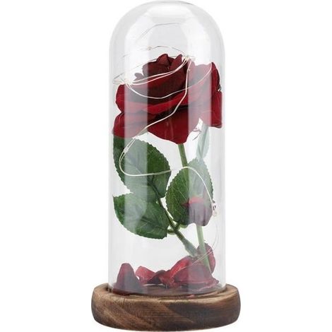 Fleur Éternelle - LED - Rose Rouge - Couvercle en Verre - Base en Bois - Cadeau Romantique (1/4)