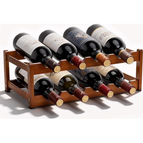 Botellero de vino de 2 niveles, de bambú, con capacidad para 8 botellas, que ahorra espacio, ideal para guardar botellas de vino en la cocina, bar, bodega o estantería (43 x 23,5 x 15 cm). (1/5)