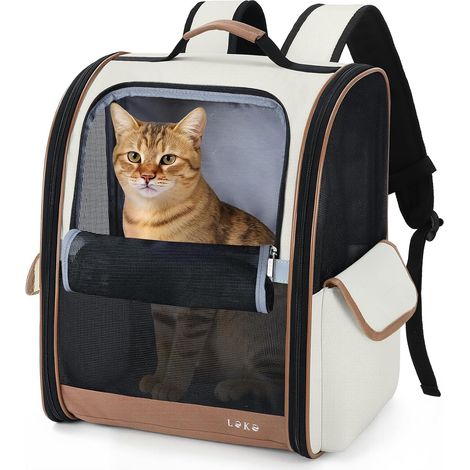 Sac à Dos pour Chiens Chats de Taille Moyenne/Petite (2 à 5 kg), Sac à Dos Chat Respirant Pliable, Sacs Transport Dos Chats avec Fenêtre en Maille pour Randonnée Voyages l'extérieur, Beige (1/5)