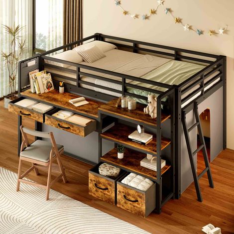 Lit mezzanine en métal 140x200 cm avec bureau, étagères, tiroirs en tissu et LED, lit enfant avec rideau et espace de rangement - Noir (1/5)