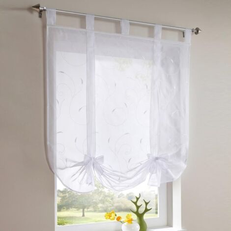 QORVA-80 x 140 cm Store bateau brodé Rideau court transparent à passants pour cuisine, salon, chambre à coucher (blanc)