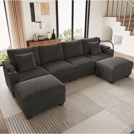 CHICFURN Sofá rinconero modular en U 275,5x139 cm, pana gris con USB y soporte para móvil (1/5)