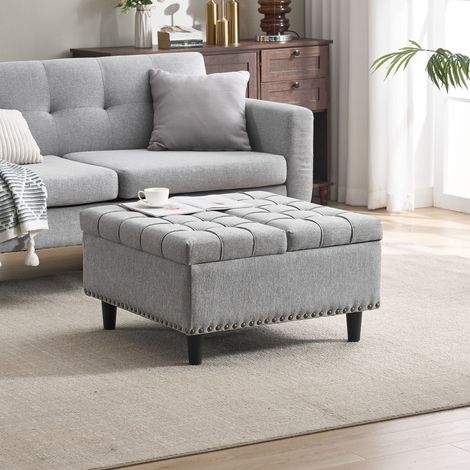 Pouf coffre carré grand format avec couvercle relevable, banc de rangement rembourré gris, idéal salon, chambre ou bureau