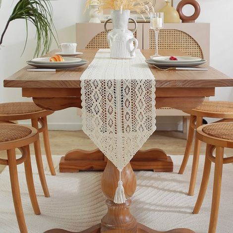 Camino de mesa de algodón tejido de 24x200cm – Con encaje y borlas – Estilo bohemio y rústico – Para mesa de comedor y cocina (1/4)