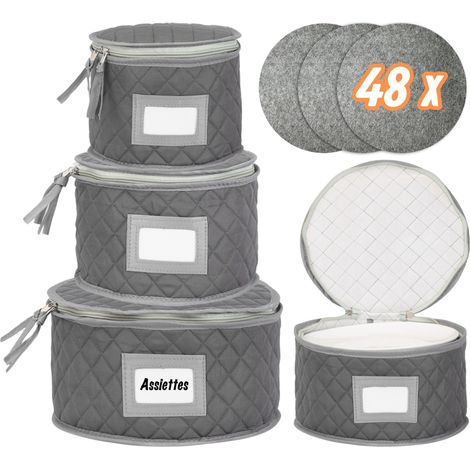 Relaxdays boîte à assiettes, lot de 4, 12 assiettes par boîte, D 19-32 cm, étiquette, grise (1/5)